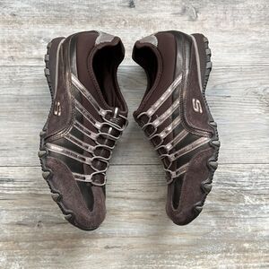 Vintage Y2K Skechers Slip On Lace Up Faux Suede Leather Brown Metallic 8.5 2000s